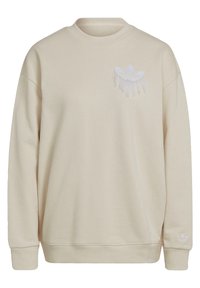 Beige longsleeve sweater met ronde hals, met een afgezoomd wit Adidas trefoil-logo op de borst en een klein bijpassend logo op de linker mouwboord.