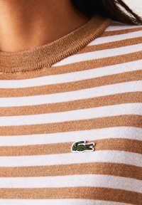 Nära bild av en person som bär en beige och vit randig skjorta med en liten grön krokodil-logga på bröstet.