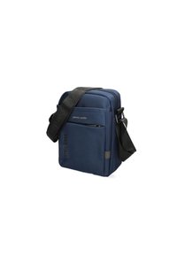 Borsa a tracolla blu navy realizzata in tessuto resistente, dotata di una tasca anteriore con zip, tracolla regolabile e un accento con logo discreto.