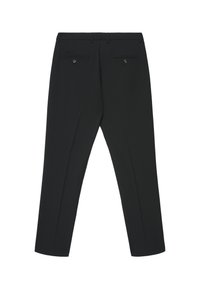 Pantaloni neri con un design sartoriale, caratterizzati da una texture liscia, due tasche posteriori e dettagli con bottoni. Stile slim fit con taglio dritto.
