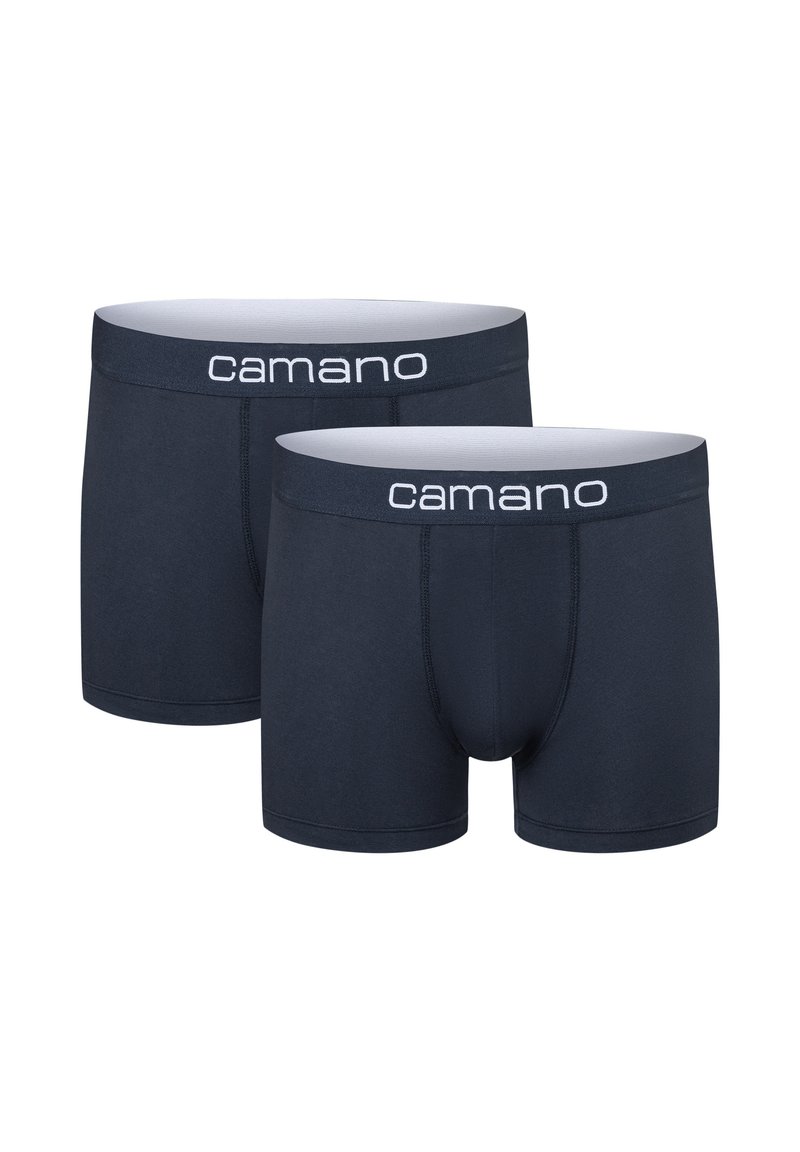 Navyblaue Boxershorts aus weichem Stoff, ausgestattet mit einem breiten elastischen Bund mit weißem "camano"-Logo und nahtlosem Design. Zwei Paare enthalten.