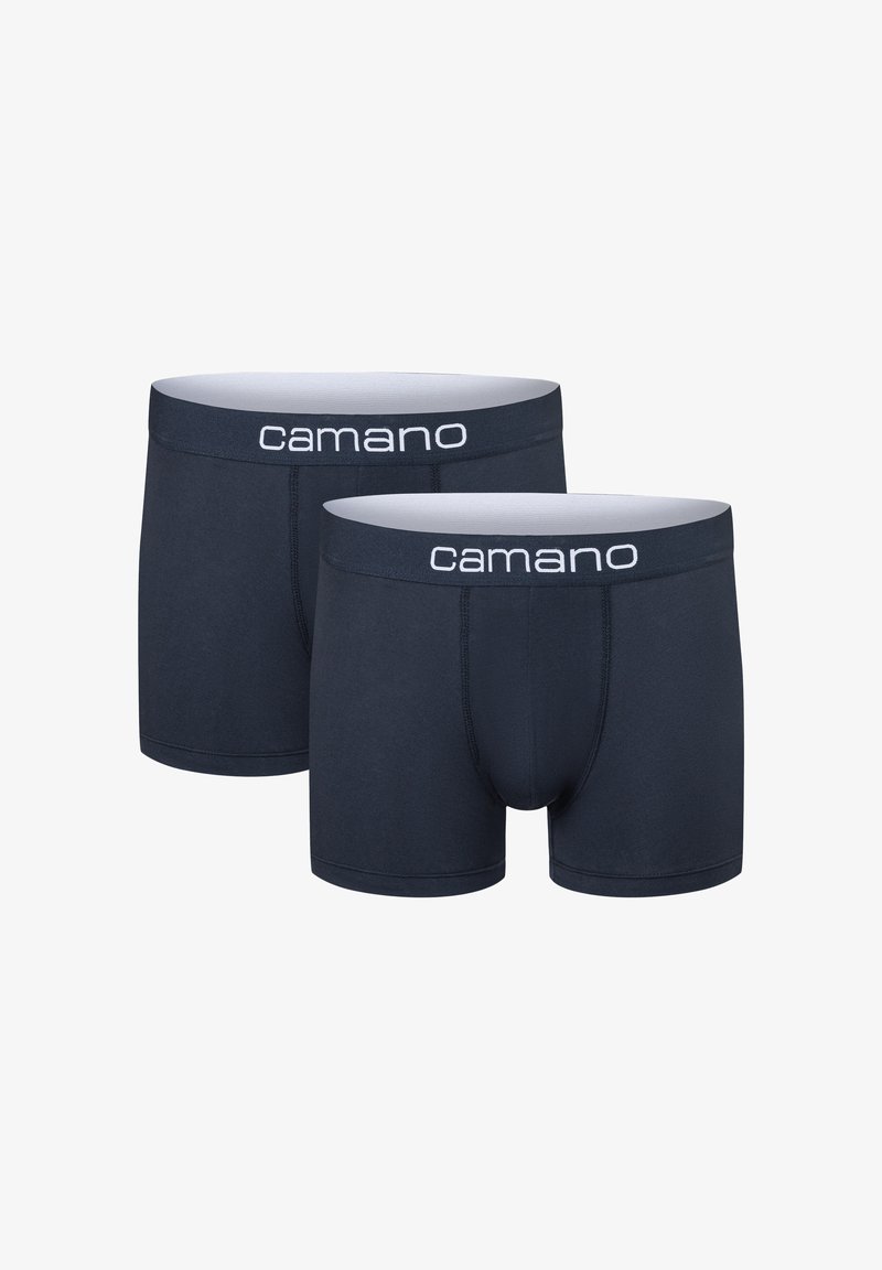 Navyblaue Boxershorts aus weichem Stoff, ausgestattet mit einem breiten elastischen Bund mit weißem "camano"-Logo und nahtlosem Design. Zwei Paare enthalten.