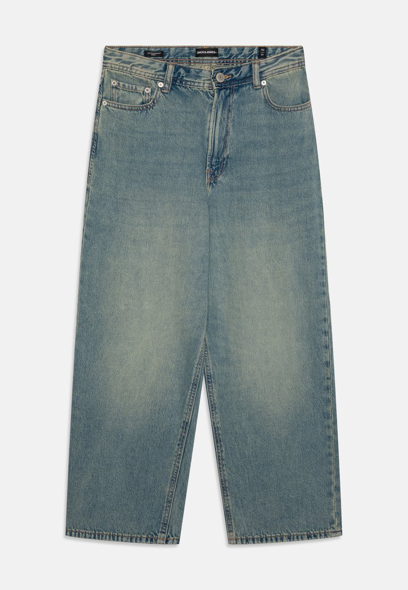 Šviesiai mėlynos džinsų kelnės su plačiu pėdų dizainu, turinčios dvi priekinės kišenes, mygtuko užsegimą ir subtilų išblukimą audinyje.