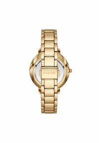 Goldfarbene Metalluhr mit einem verlinkten Armband, mit einem weißen Zifferblatt und einfachen Stundenmarkierungen. Rückseite graviert mit "MICHAEL KORS."