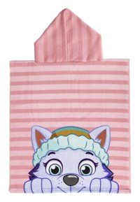 Hooded towel in pink with white stripes, featuring a cartoon wolf face with a colorful hat. Soft, plush texture.
