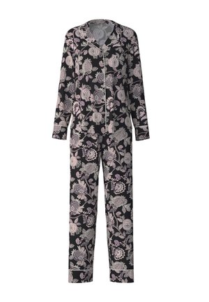 Set di pigiama floreale con sfondo nero, decorato con motivi botanici rosa chiaro e bianchi, maniche lunghe e chiusura con bottoni.