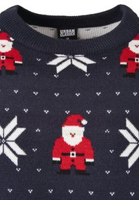 Pull en maille bleu marine orné de personnages rouges du Père Noël et de flocons de neige blancs. Col rond, fabriqué à partir d'un matériau doux, avec un motif texturé sur toute la surface.