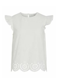 Hvid bomuldsbluse med korte flæseærmer, prydet med blomsterudskæringer i kanten og en nøglehulsåbning på bagsiden. Enkel, elegant design.