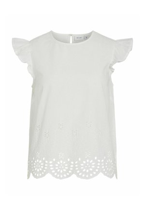 Top in cotone bianco con maniche corte a volant, caratterizzato da ricami floreali nel bordo e chiusura a occhio di bue sul retro. Design semplice ed elegante.