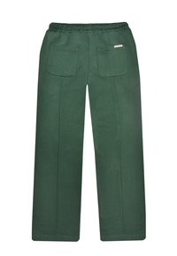 Pantalon large vert foncé avec taille élastiquée et deux poches plaquées à l'arrière, dont une avec une petite étiquette de marque.