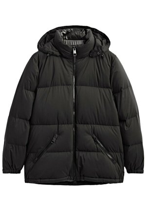 Black padded winter jacket with hood, full front zipper, and two zippered side pockets, designed for cold weather.