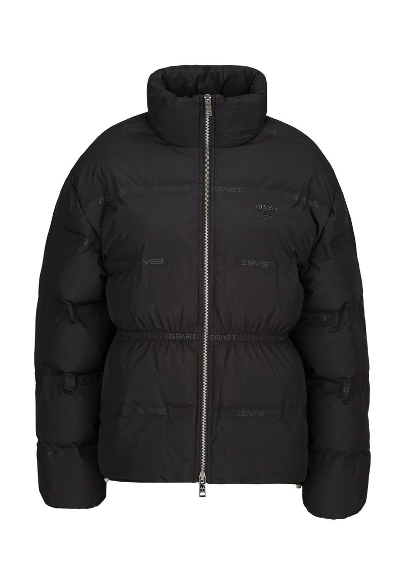 Zwarte pufferjack met hoge kraag, ritsluiting, elastische tailleband en ton sur ton logo-details. Gequiltde textuur verhoogt de warmte en stijl.