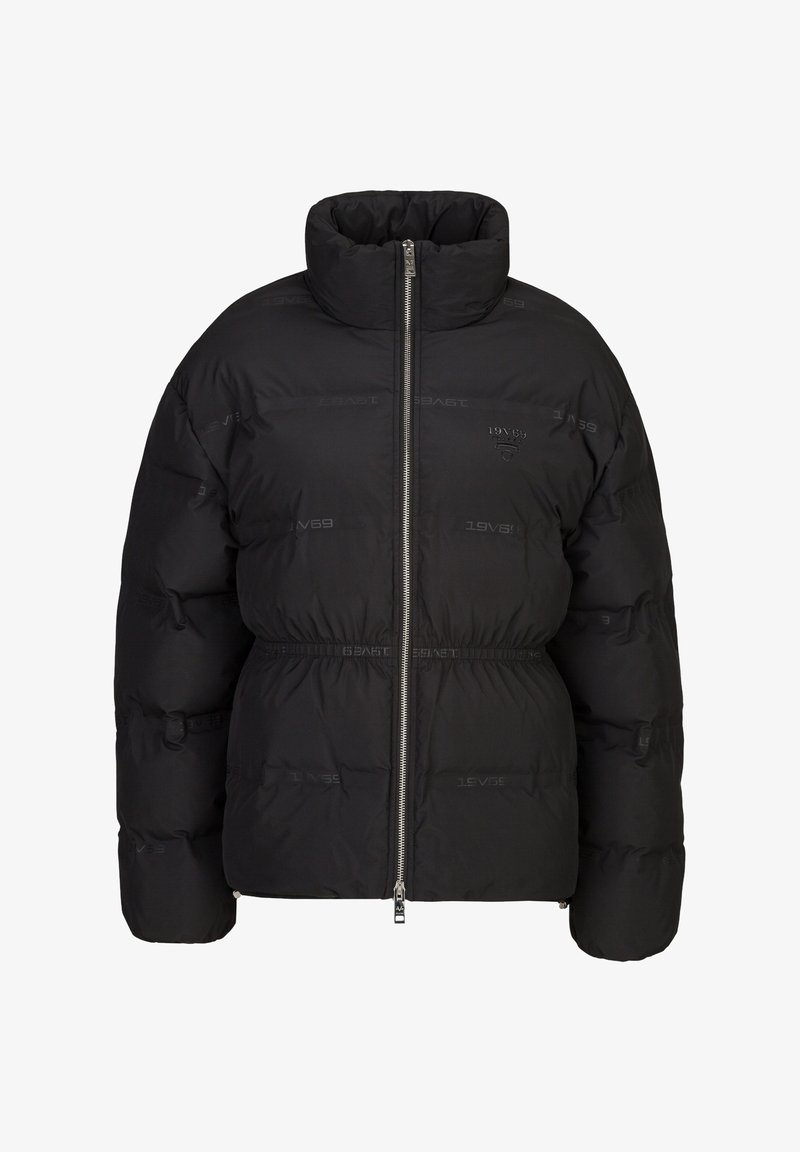 Zwarte pufferjack met hoge kraag, ritsluiting, elastische tailleband en ton sur ton logo-details. Gequiltde textuur verhoogt de warmte en stijl.