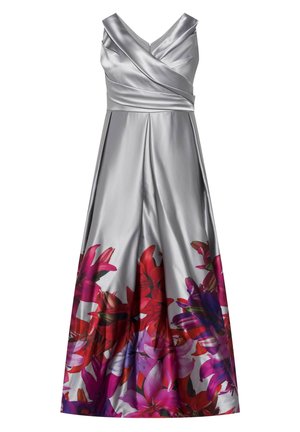 Abito in satin argento con corpetto aderente, scollatura a V e stampa floreale in tonalità vivaci di rosso e viola sull'orlo, caratterizzato da delle pences nella gonna.