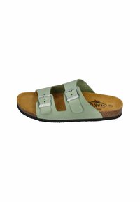 Green leather slide sandal with two adjustable metal buckles, natural cork sole, and soft brown interior padding.