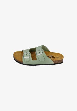 Green leather slide sandal with two adjustable metal buckles, natural cork sole, and soft brown interior padding.