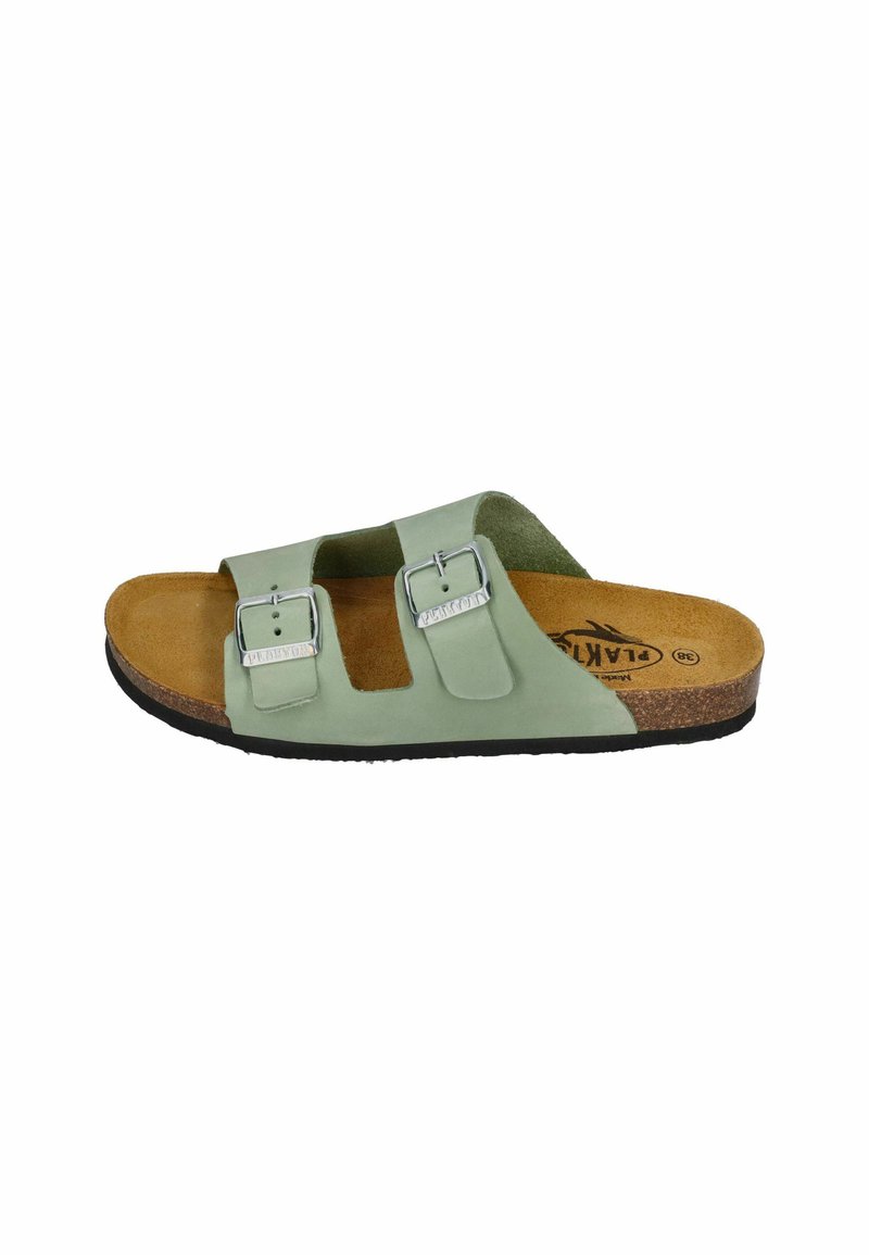 Green leather slide sandal with two adjustable metal buckles, natural cork sole, and soft brown interior padding.
