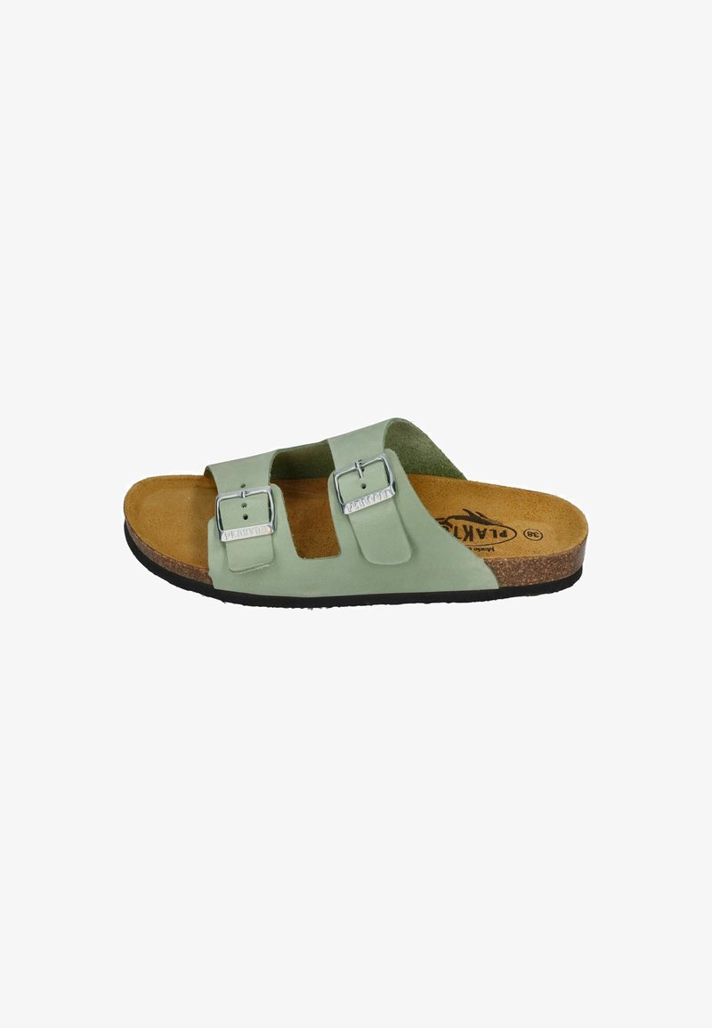Green leather slide sandal with two adjustable metal buckles, natural cork sole, and soft brown interior padding.