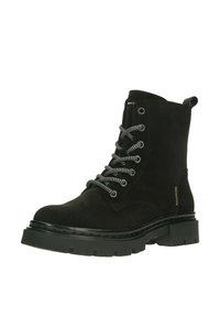 Stivale alla caviglia in suede nero con lacci, suola in gomma chunky, punta circolare e lacci a motivo bianco e nero; presenta un tassello sul tallone.