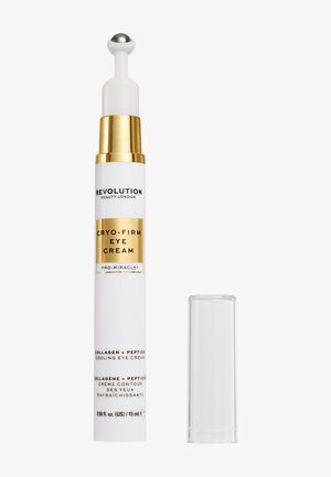 Hvid og guldtube af Revolution Cryo-Firm Eye Cream med metalroller-applikator og klar plastikluge ved siden af på hvid baggrund.