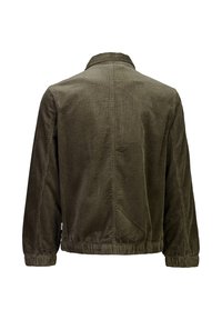 Olivengrøn fløjlsjakke med ståkrave, elastisk kant og lange ærmer. Har lodret ribbet tekstur på stoffet.