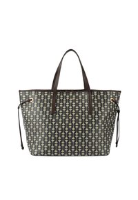 Borsa a tracolla nera in canvas con motivo floreale dorato, maniglie in pelle marrone e lati con coulisse. Presenta una forma strutturata e un dettaglio con logo.