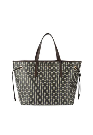 Black canvas tote bag with a gold floral pattern, brown leather handles, and drawstring sides. Features a structured shape and logo detail.