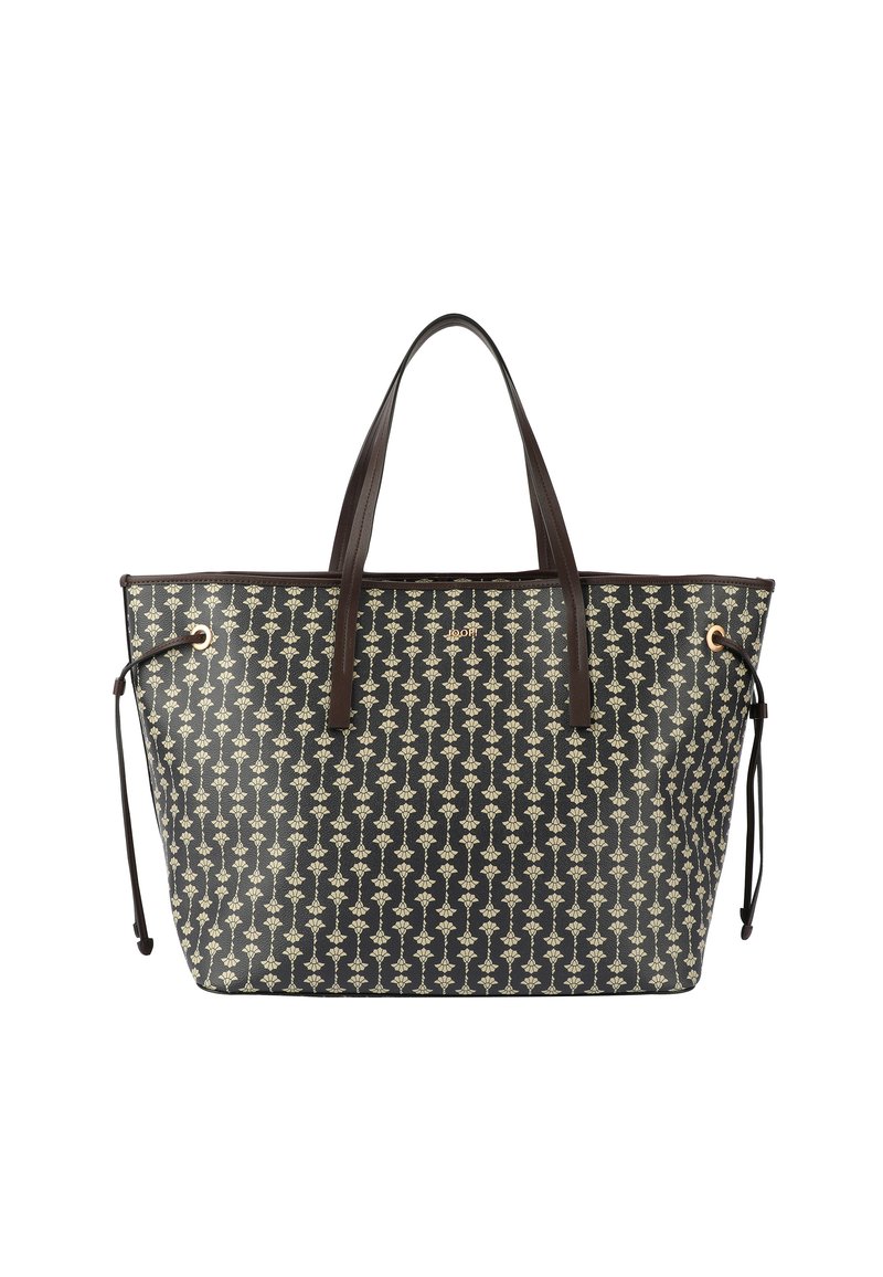 Borsa a tracolla nera in canvas con motivo floreale dorato, maniglie in pelle marrone e lati con coulisse. Presenta una forma strutturata e un dettaglio con logo.