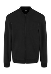 Zwarte bomberjack van gladde stof met een voorzijde rits, ribgebreide kraag, manchetten en zoom, met een minimalistisch ontwerp.
