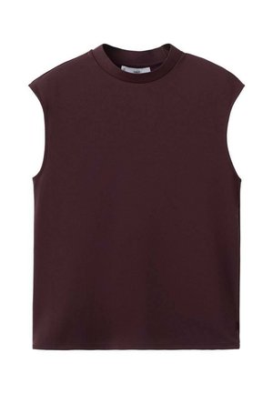 Top maro închis fără mâneci, cu guler rotund, croială lejeră și design curat, simplu, prezentat pe un fundal alb.