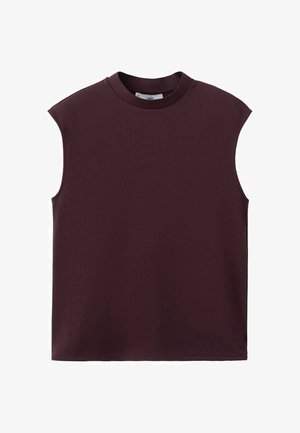 Top maro închis fără mâneci, cu guler rotund, croială lejeră și design curat, simplu, prezentat pe un fundal alb.