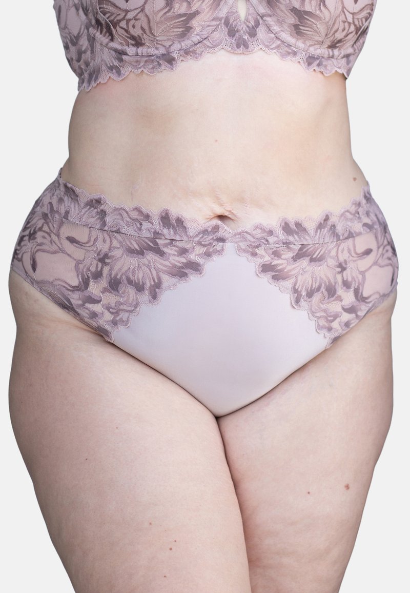 Pink lace brief with floral embroidery at the waist, soft fabric with sheer detailing, and an elastic band for comfort.