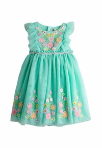 Minzgrünes Kleid mit gerafften Ärmeln, bestickten Blumendetails in Pastellfarben und einem taillierten Bund. Tüllstoff mit ausgestelltem Rock.