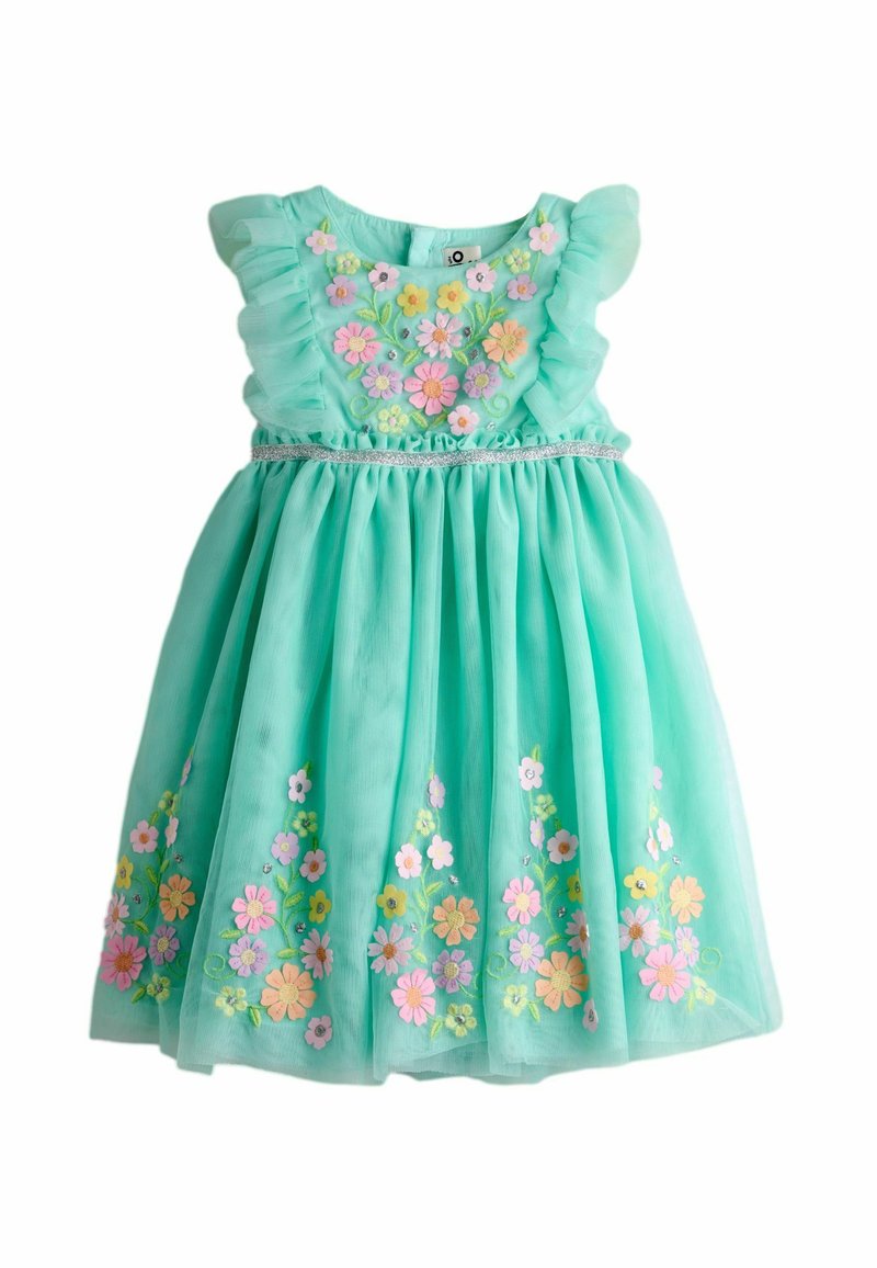 Minzgrünes Kleid mit gerafften Ärmeln, bestickten Blumendetails in Pastellfarben und einem taillierten Bund. Tüllstoff mit ausgestelltem Rock.