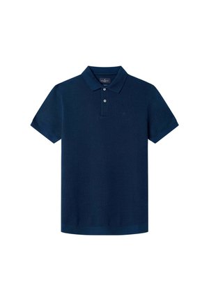 Polo blu navy realizzato in tessuto texturizzato, con colletto, patta con due bottoni e un piccolo logo sul lato sinistro del petto. Maniche corte.