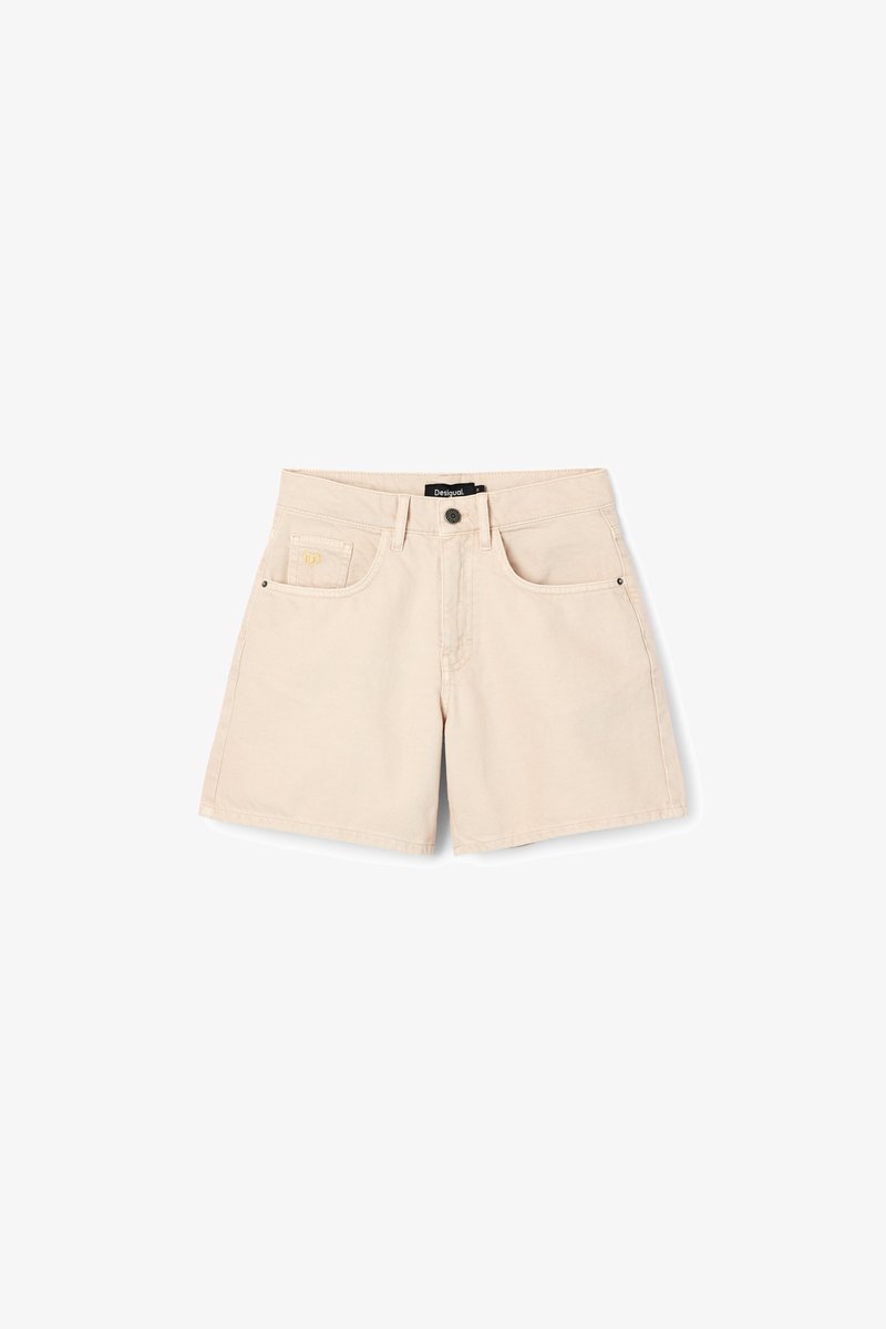Beige denim shorts with a button closure, five pockets, and stitched detailing. Features a small logo on the front pocket.