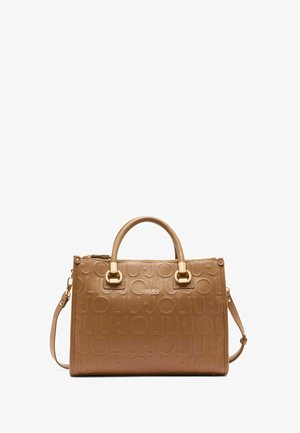 Tan synthetic handbag with a textured logo pattern, gold-tone hardware, dual top handles, and an adjustable shoulder strap.