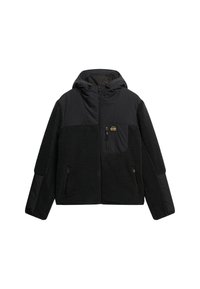 Sort hættetrøje med en blanding af fleece og glat stof, med lynlåslommer og et logo-patch på brystet.