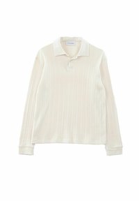 Langärmliges Polohemd in Creme, mit gerippter Textur, klassischem Kragen, Knopfleiste mit drei Knöpfen und eng anliegenden Ärmeln.