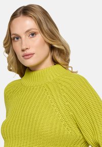 Gestrickter Pullover in leuchtendem Limettengrün mit hohem Kragen und strukturiertem Design. Mit überschnittenen Schultern und entspannter Passform.