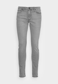 Grå tajta jeans med slät denimtextur, klassisk design med fem fickor, dragkedja framtill och bältesögla. Minimalistisk sömnadsdetalj.