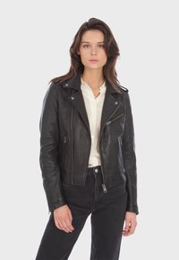 Black leather biker jacket featuring a notched collar, zippered front, and two side zip pockets. Ribbed detailing at cuffs and hem.