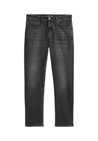 Mannen donkere grijze straight-leg jeans met voorzakken, riemlussen en een knoopsluiting.