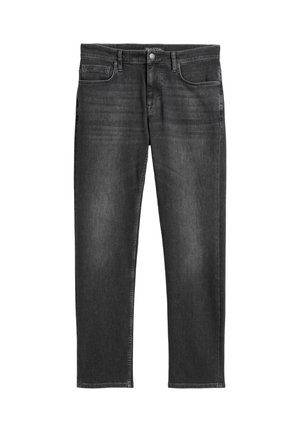Men’s dark gray straight-leg jeans with front pockets, belt loops, and a button closure.