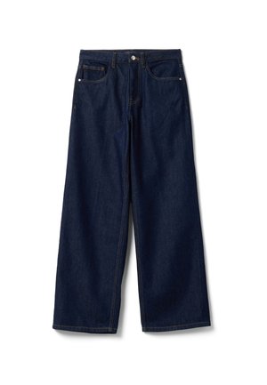 Jeans denim blu scuro a gamba larga con tasche frontali, passanti per cintura e chiusura con bottone, mostrati su sfondo bianco.