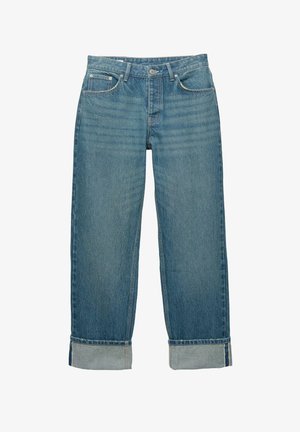 Siniset farkut käännetyillä lahkeilla, edessä nappi- ja vetoketjukiinnitys sekä viisipaikkainen muotoilu.