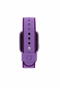 Paarse siliconen smartwatch met een zachte band, verstelbare gaten en een ronde gesp. Zwarte display aan de onderkant.