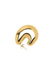 Złote kolczyki metalowe o abstrakcyjnym, zakrzywionym wzornictwie. Posiadają błyszczącą, gładką powierzchnię oraz zakrzywiony stoper dla pewnego zapięcia.