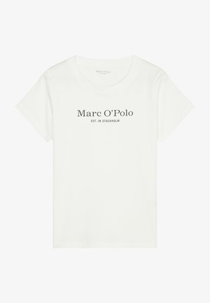 Valkoinen puuvillapaita, jossa on lyhyet hihat, pyöreä kaula-aukko ja graafinen teksti "Marc O'Polo EST. IN STOCKHOLM" tummanharmaana.