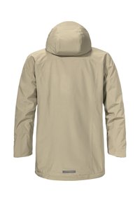 Beige wasserfeste Jacke mit Kapuze, glatter Textur, langen Ärmeln und einem Kordelzug am Saum. Enthält ein kleines Logo im unteren Rückenbereich.